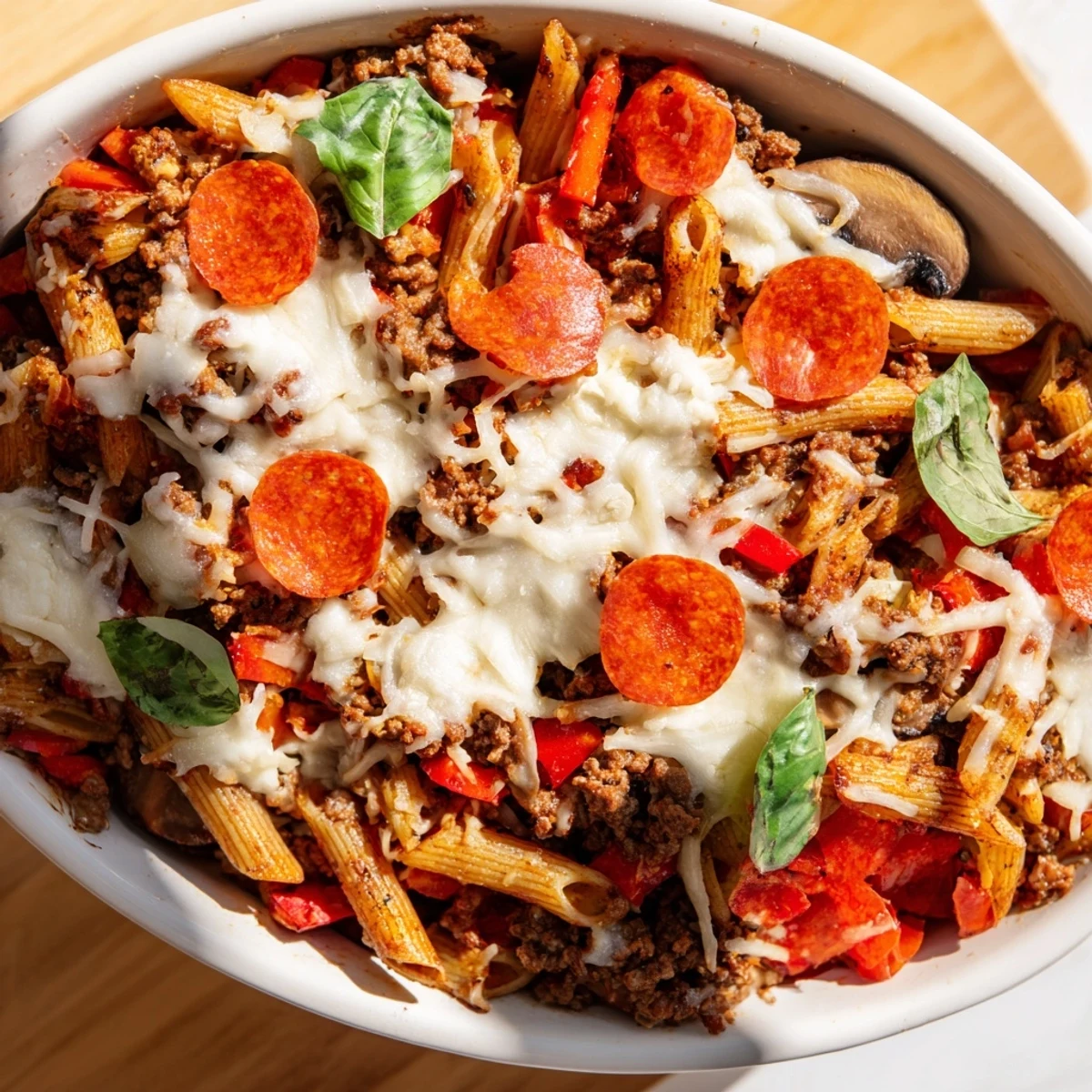 A rustic family-style serving of the cheesy Italian-American pasta bake with a side salad, fresh basil garnish, and steam rising from the surface.