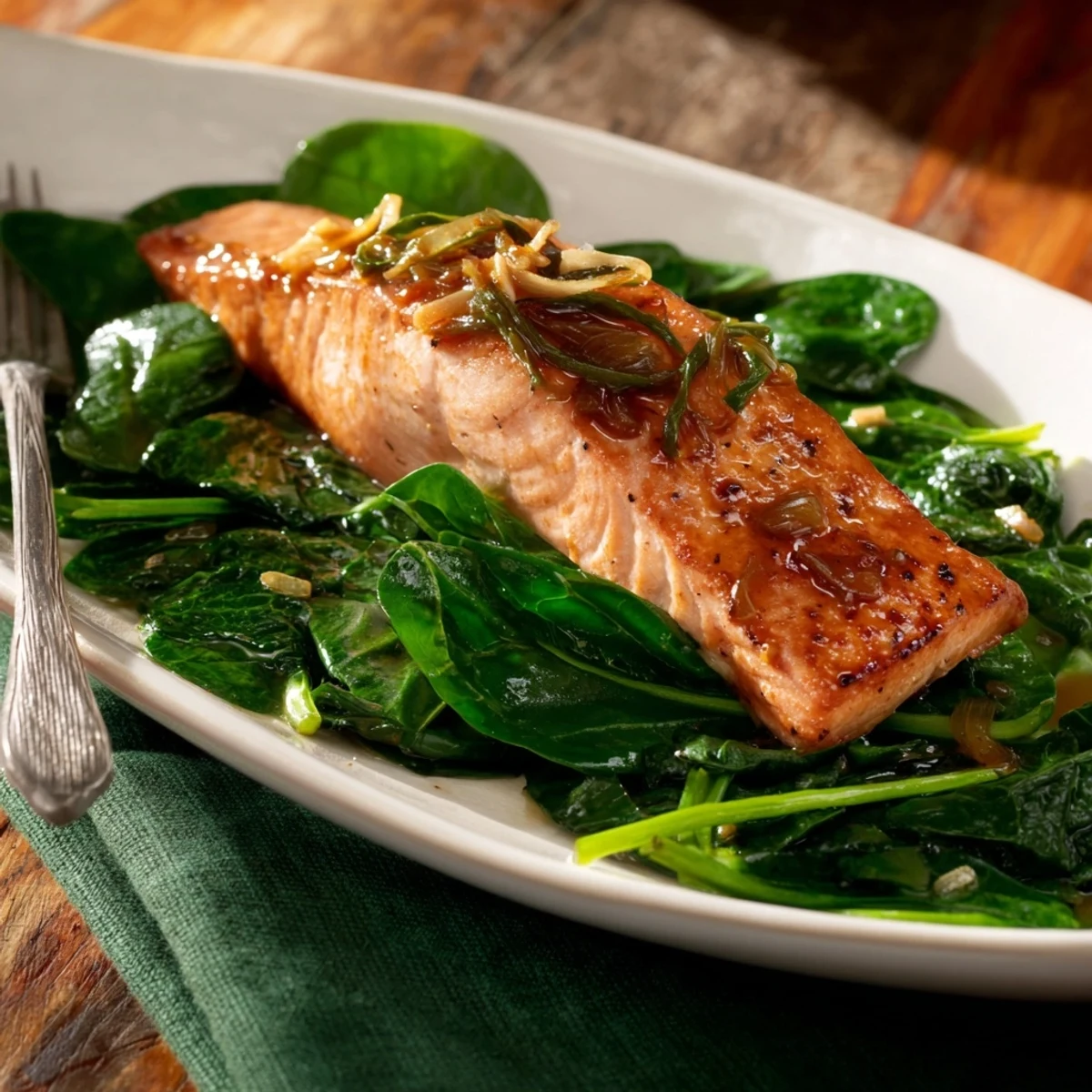 Tender miso salmon fillets rest on a bed of wilted spinach, ready to serve for dinner.