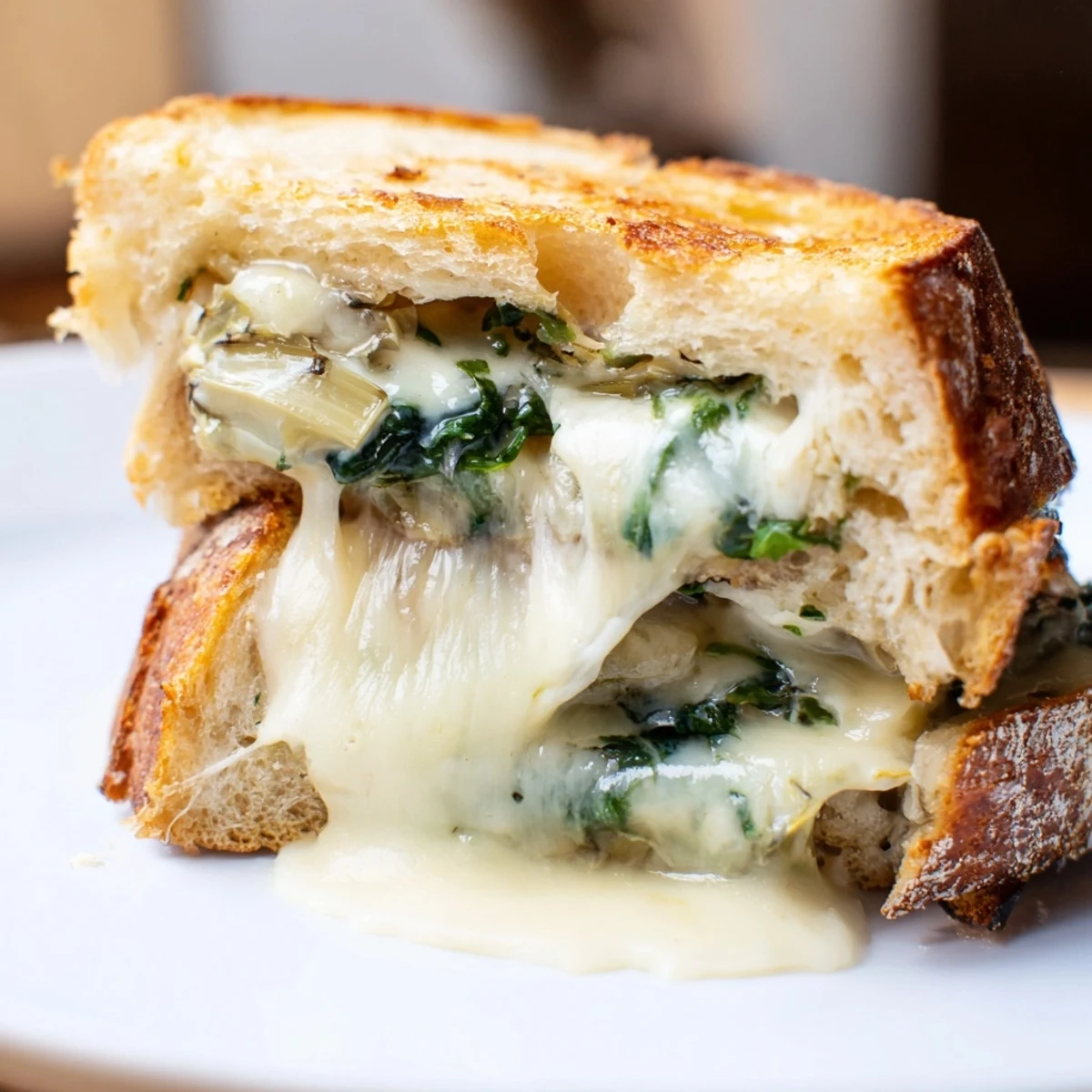 Golden sourdough slices with melted mozzarella and a creamy spinach-artichoke filling hold beautifully in this gourmet Spinach Artichoke Grilled Cheese.  