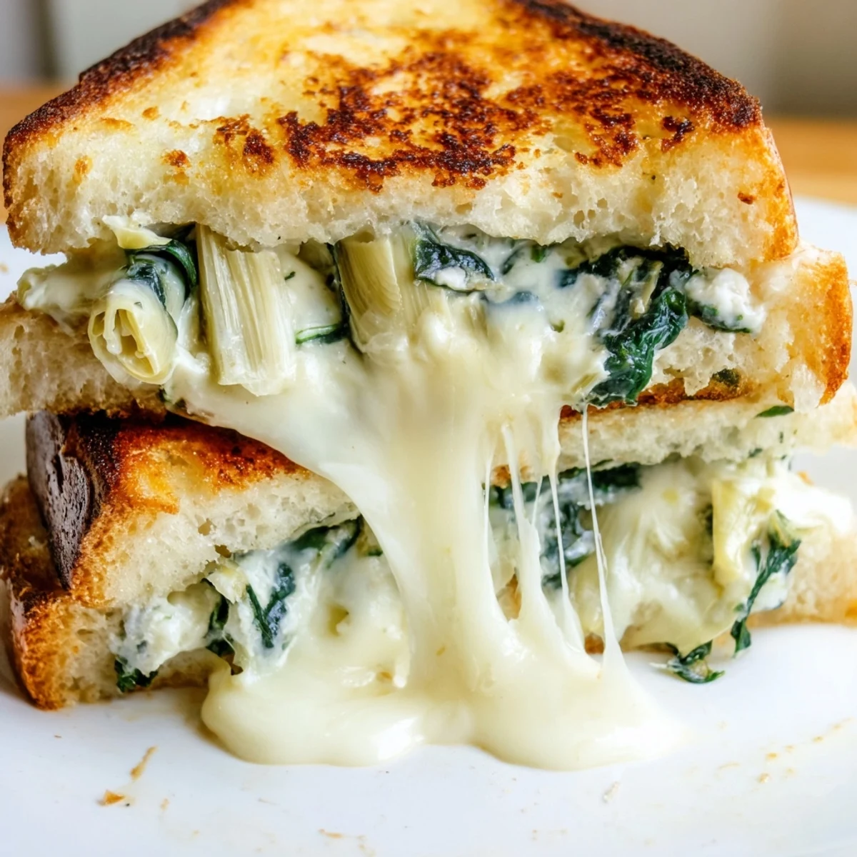 A close-up of a crispy, buttery Spinach Artichoke Grilled Cheese sandwich oozing with warm, cheesy filling, served with a bowl of tomato soup.  