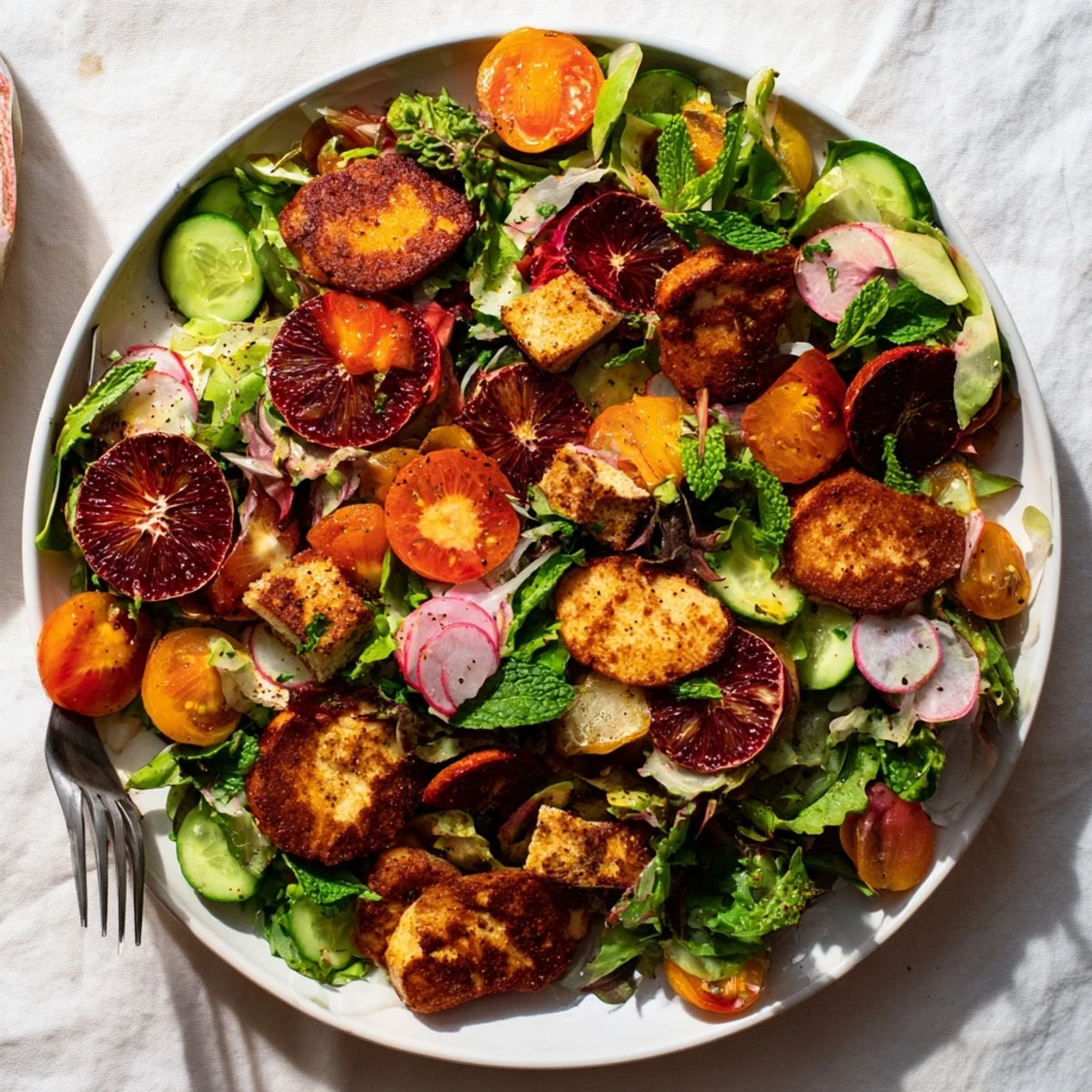 Warm Halloumi Blood Orange Fattoush salad features crispy halloumi, citrus slices, and crunchy croutons tossed with arugula, cucumber, and cherry tomatoes for an easy Middle Eastern-inspired meal.