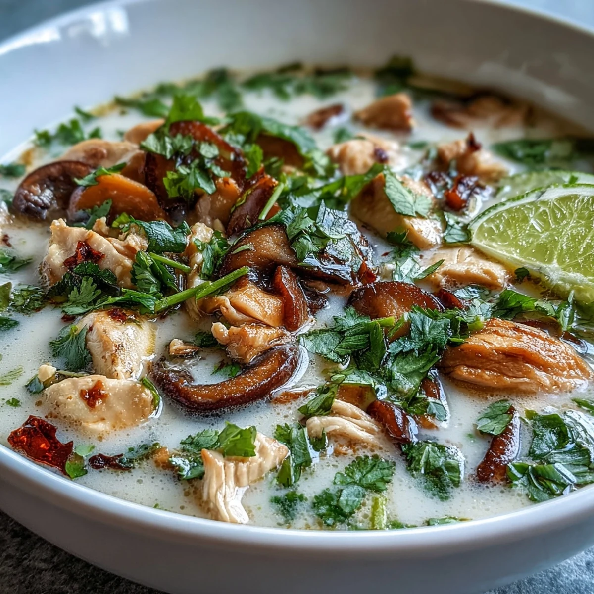 A close-up of Authentic Tom Kha Gai garnished with fresh cilantro and green onions, served with lime wedges on the side.
