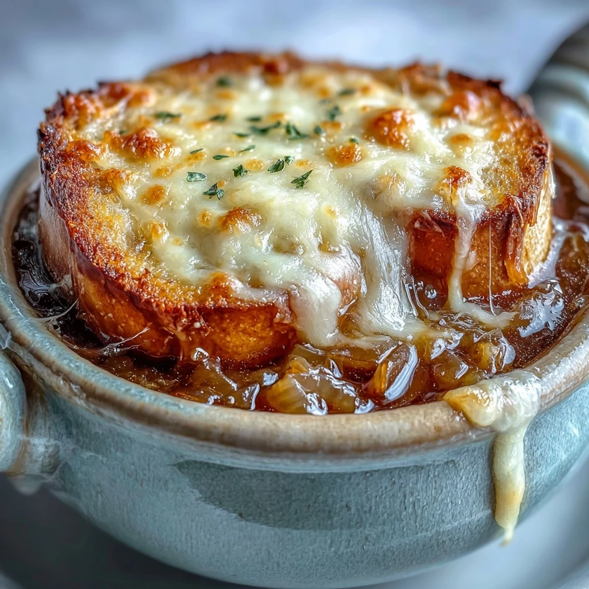 Steaming French Onion Soup in an oven-safe bowl with deeply caramelized onions and melted Gruyère cheese.