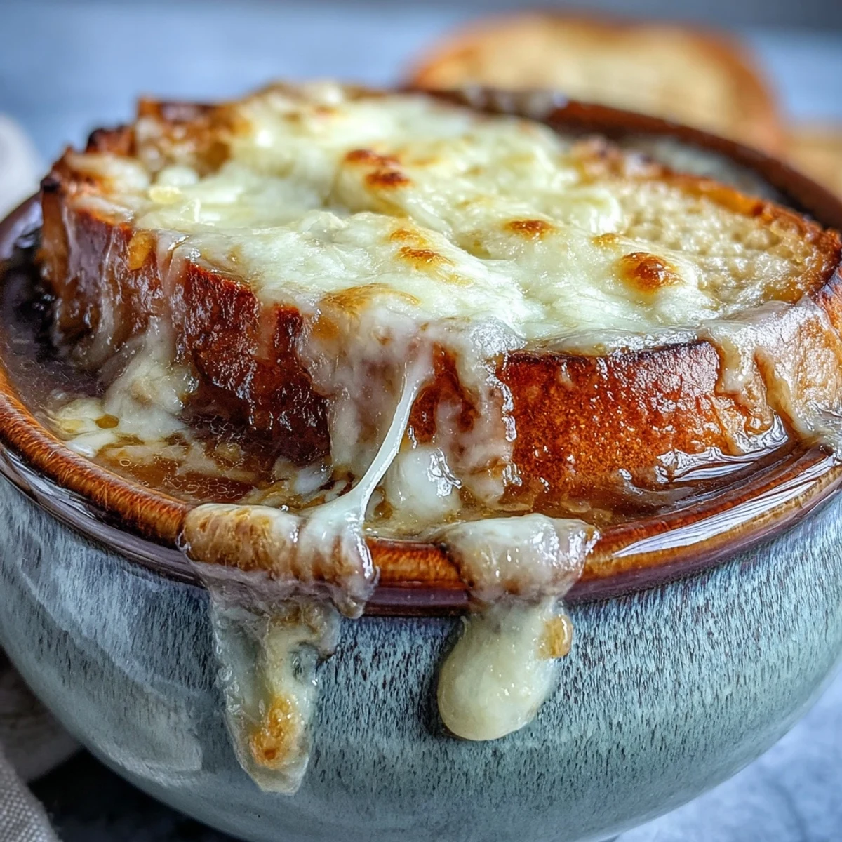 Classic French Onion Soup in a crock, featuring toasted bread slice and savory beef broth.
