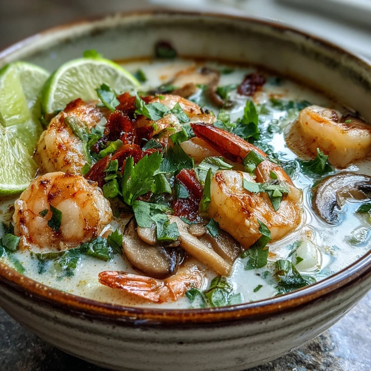 Thai Coconut Shrimp Soup simmering in a pot with coconut milk, red curry paste, and fresh ginger slices.