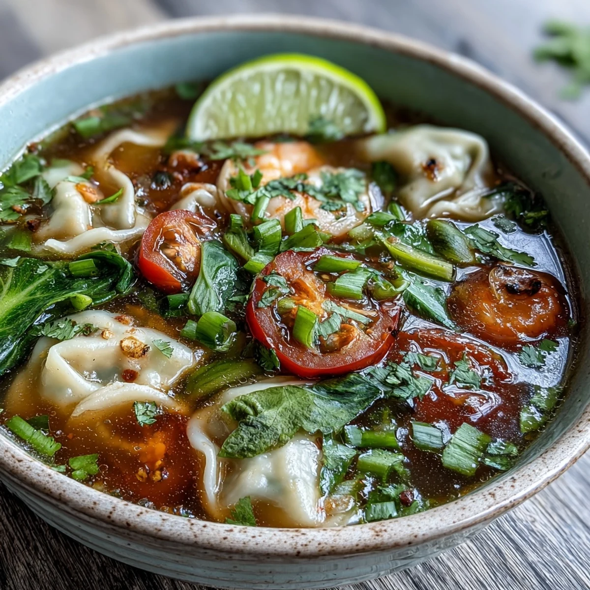 Clear aromatic broth of Tom Yum Wonton Soup holds tender wontons, sliced shiitake mushrooms, and wilted baby bok choy.