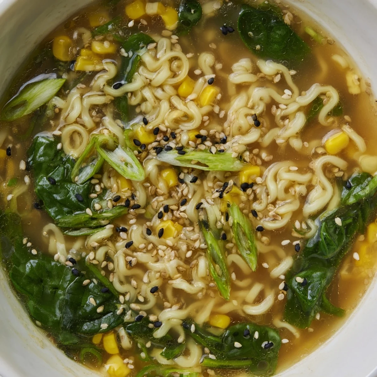 A comforting bowl of Elevated Ramen Egg Drop Soup with tender noodles, sweet corn, and vibrant spinach, perfect for a quick meal.  