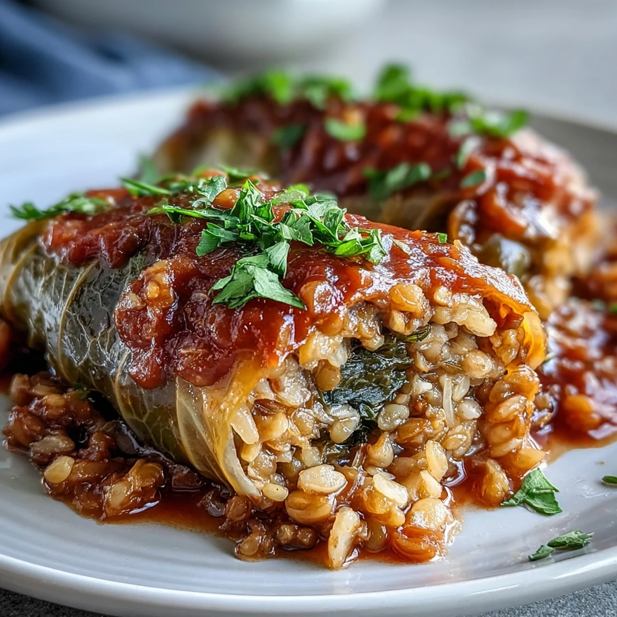 Golden-brown Baked Vegan Cabbage Rolls fresh from the oven, smothered in rich red tomato sauce and garnished with fresh parsley.