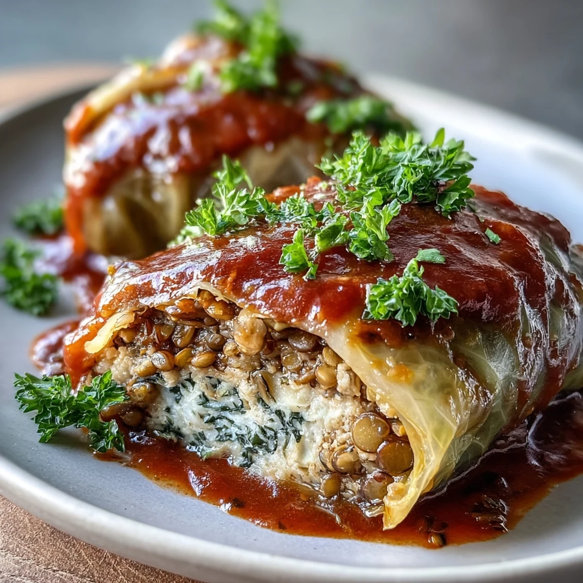 Sizzling Baked Vegan Cabbage Rolls in a ceramic baking dish, bubbling with tomato sauce and herbs, ready to serve.
