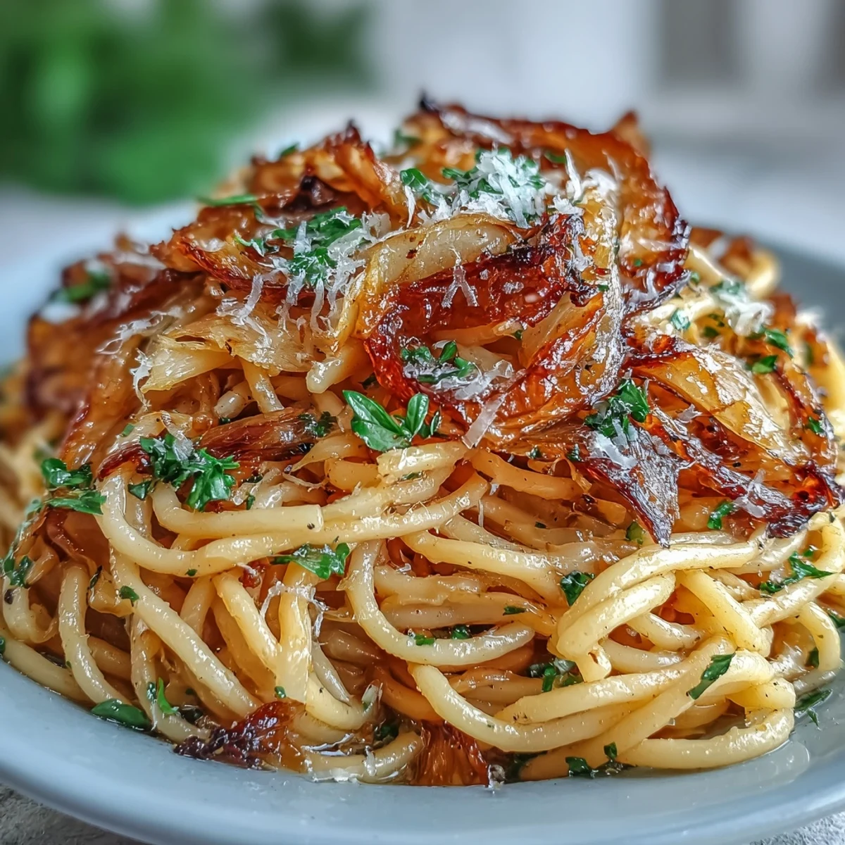 Golden caramelized cabbage and garlic pasta topped with freshly grated Parmesan cheese in a white bowl.