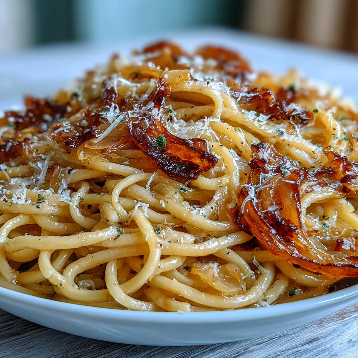 Plate of Cabbage Pasta With Garlic and Parmesan, garnished with parsley and lemon zest beside a wine glass.