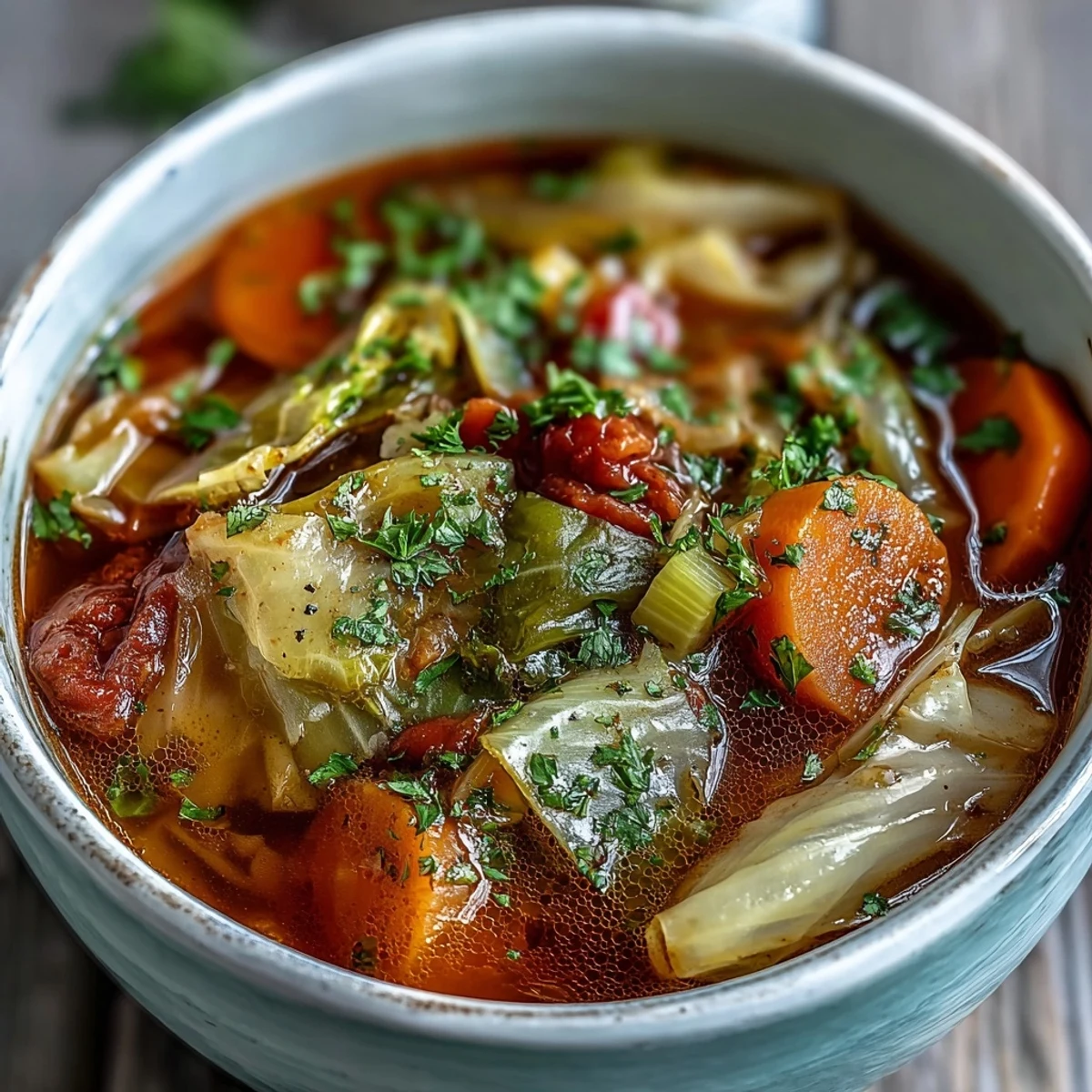 Spoon lifting a ladleful of savory Classic Cabbage Soup from a pot, highlighting bright vegetables and aromatic herbs.