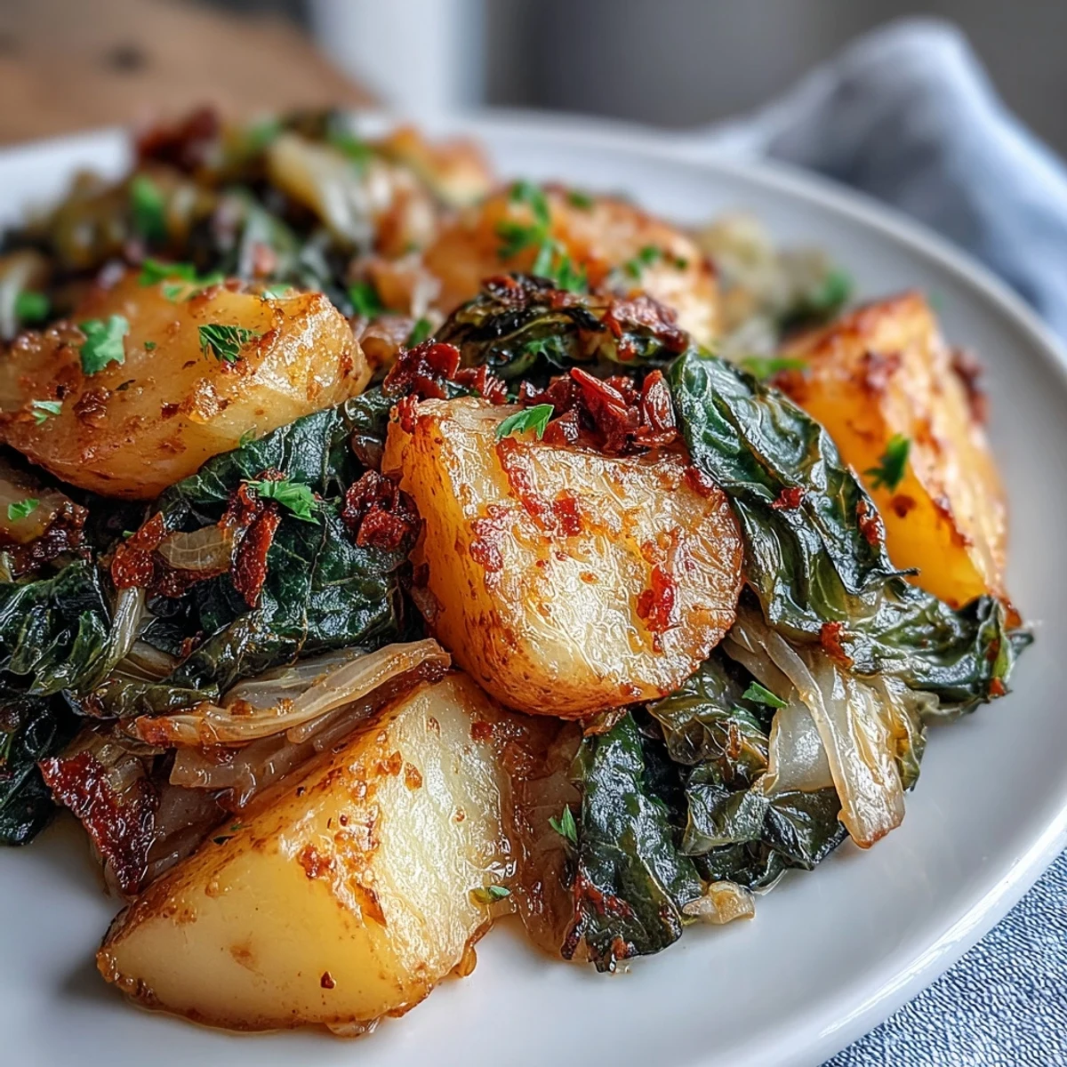 Fork-tender Braised Cabbage With Potatoes and Chili simmered in a rich broth, garnished with fresh parsley and lemon wedges.