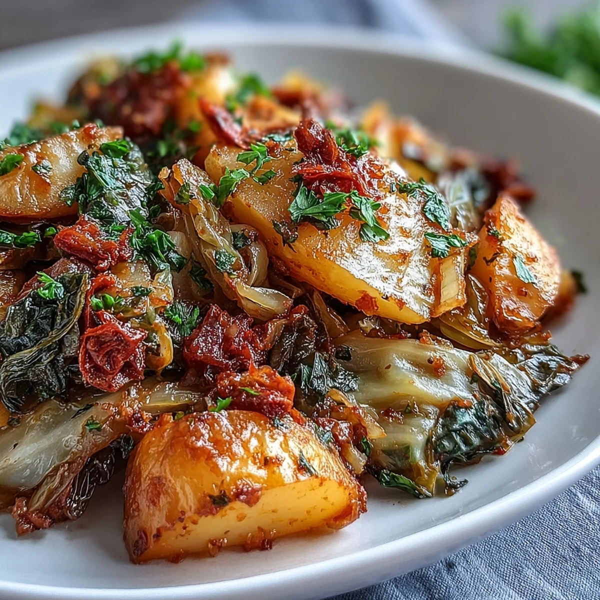 Vibrant Braised Cabbage With Potatoes and Chili studded with red chili flakes, a rustic one-pot meal paired with crusty bread.