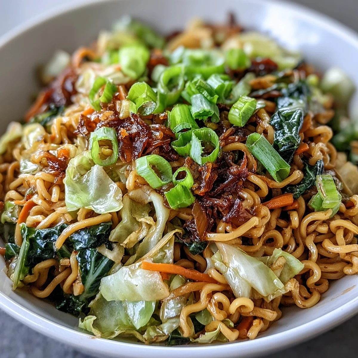 A close-up shot of Fried Cabbage Ramen featuring stir-fried noodles, crunchy cabbage, and carrots in a glossy sauce.