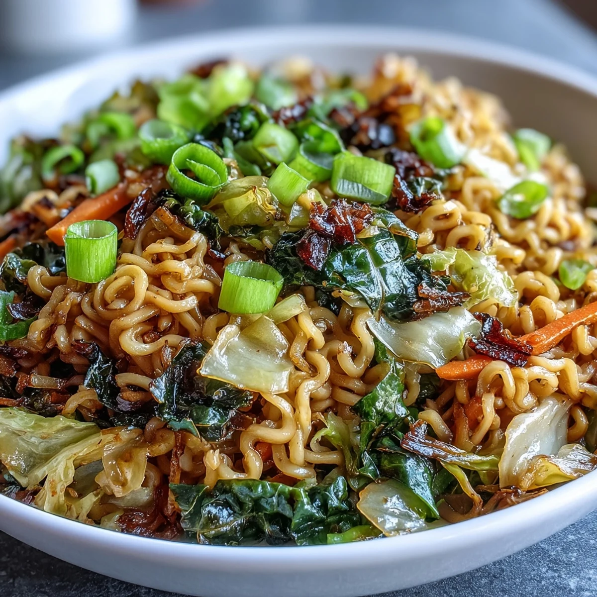 Fresh ingredients for Fried Cabbage Ramen laid out, including sliced cabbage, ramen noodles, carrots, garlic, and ginger.