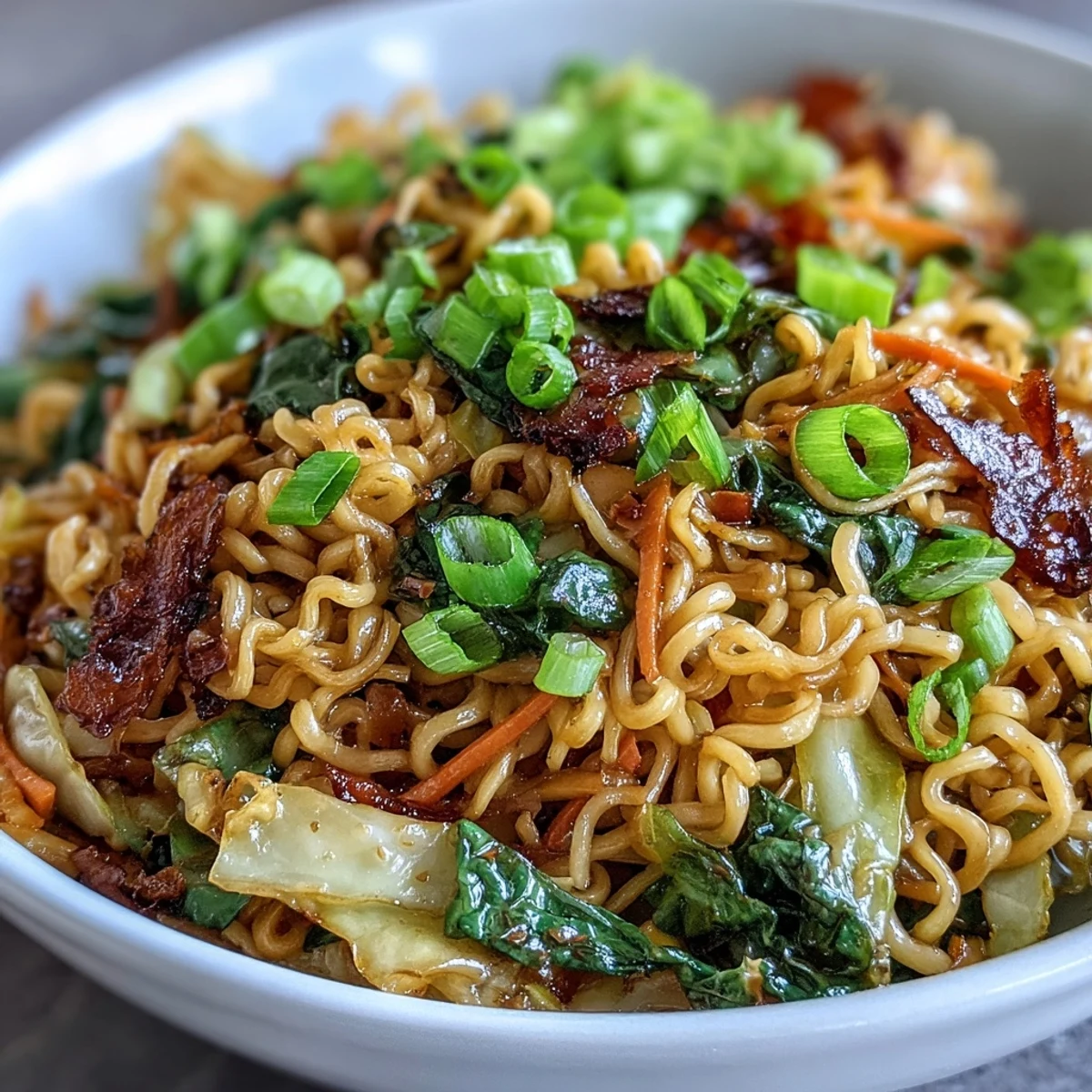 Steaming Fried Cabbage Ramen served in a bowl, garnished with fresh scallions and sesame seeds for a savory weeknight meal.