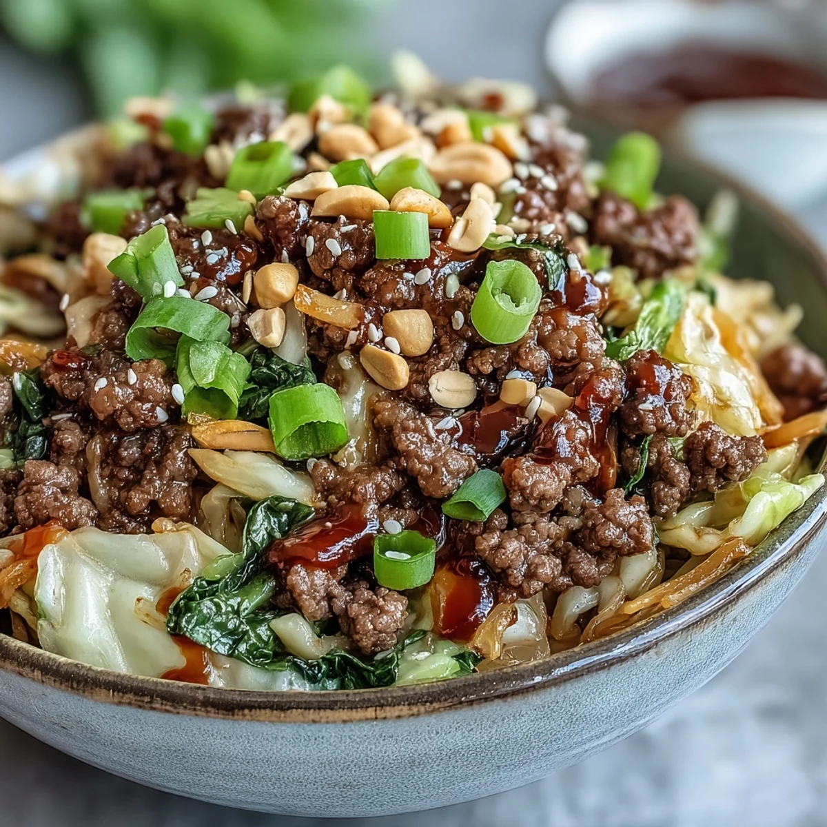 Savory Chinese Ground Beef and Cabbage Stir-Fry garnished with fresh green onions and sesame seeds.