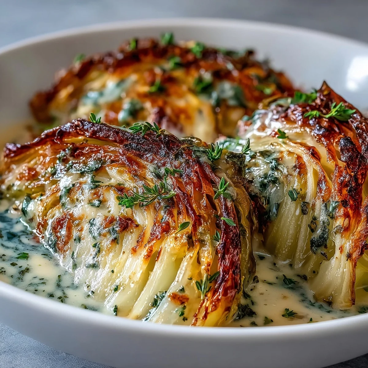 Golden Herby Cabbage in Parmesan Broth served in shallow bowls, garnished with fresh parsley and extra cheese.