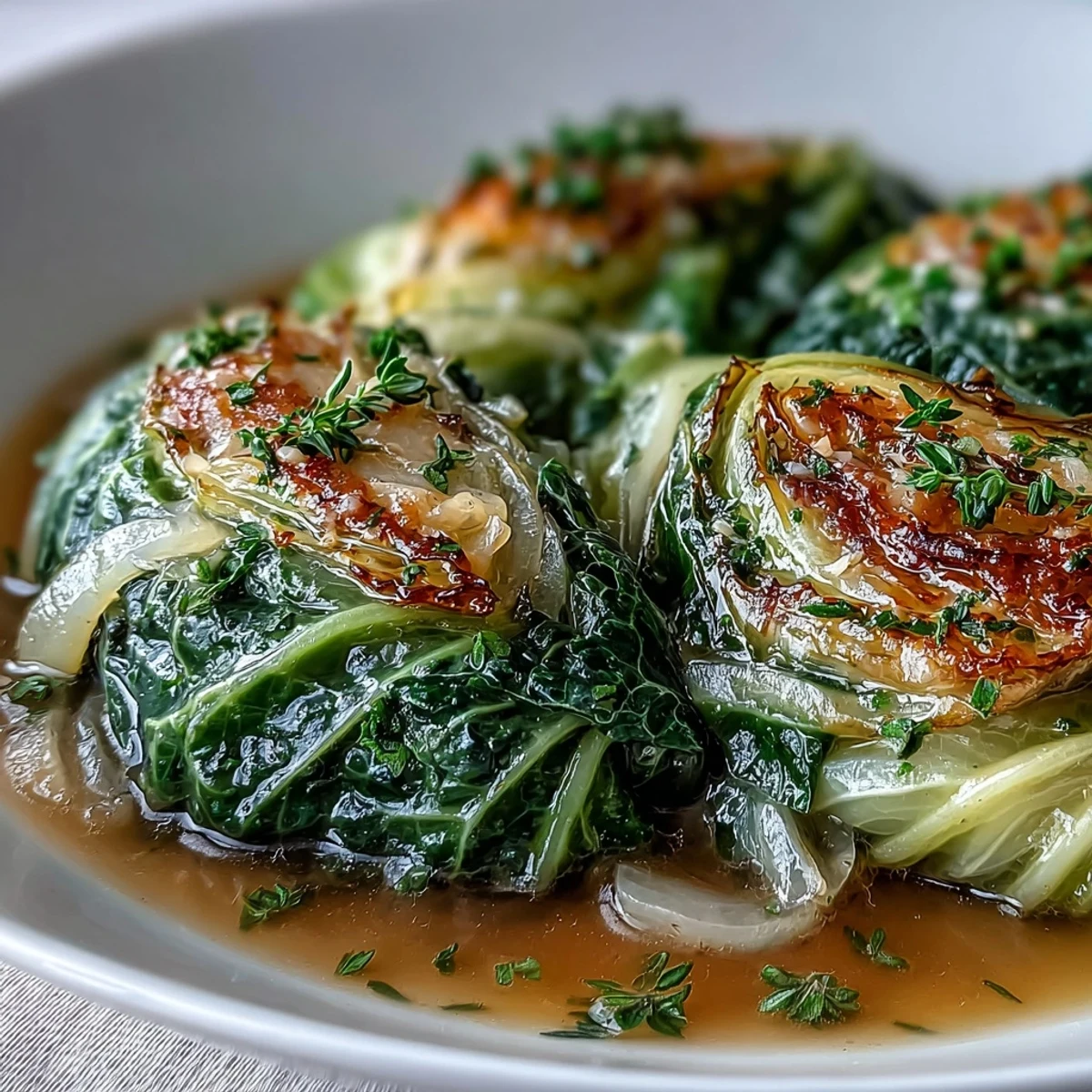 Rustic Herby Cabbage in Parmesan Broth topped with fresh chives and thyme, ready to serve with crusty bread.