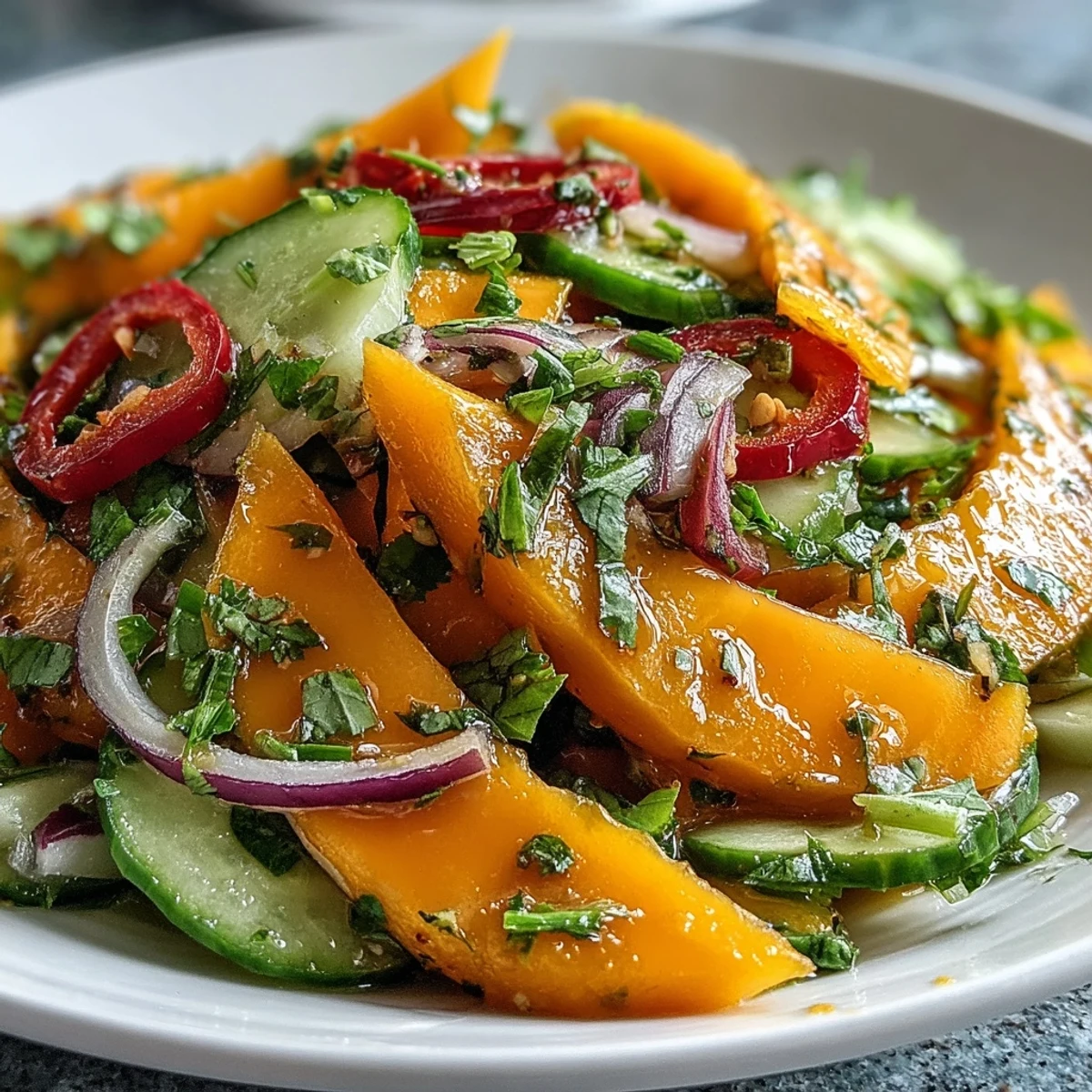 Bright, juicy mango strips mingle with crisp red pepper and red onion in a chilled Refreshing Mango Salad. 