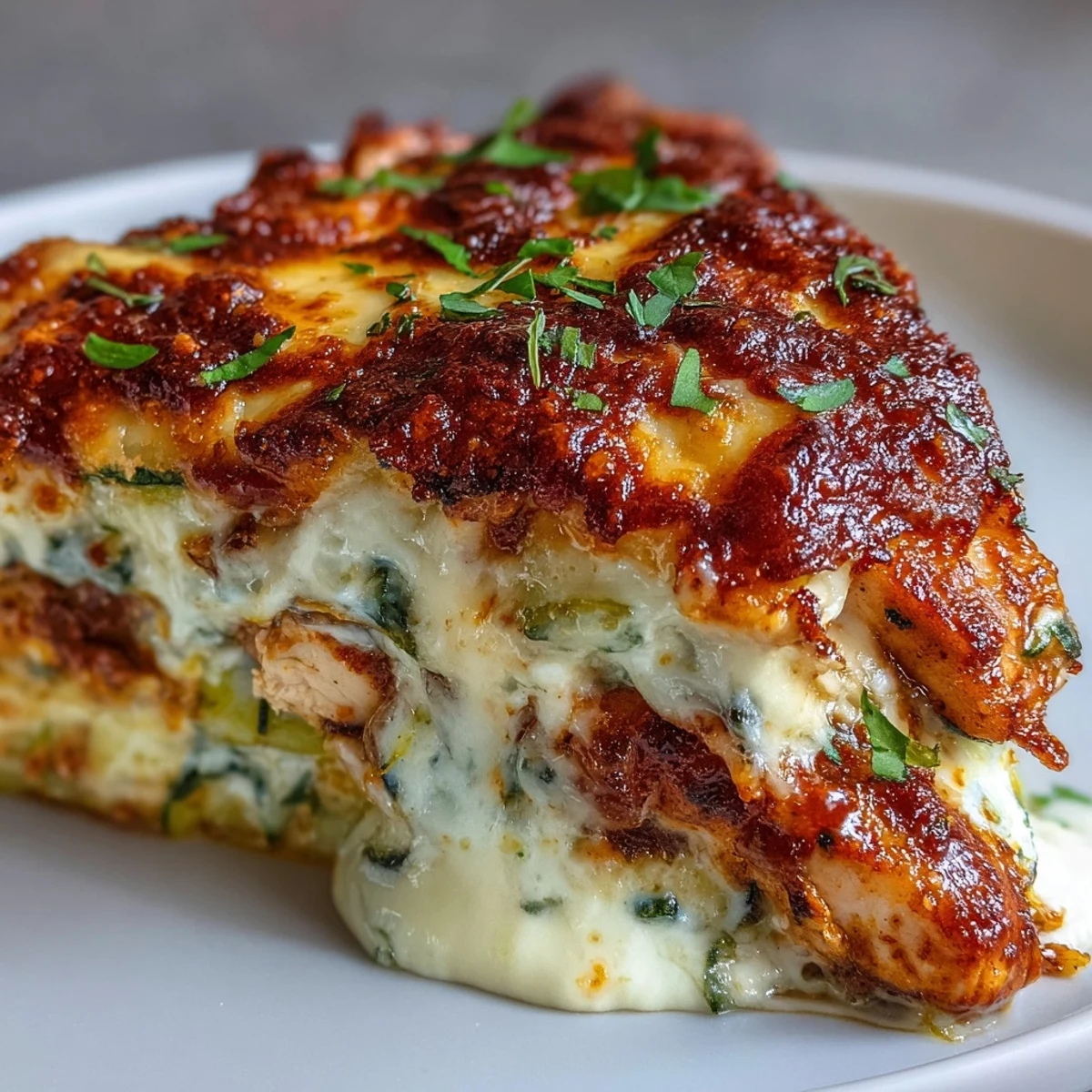 Freshly baked High Protein Chicken Zucchini Bake with melted mozzarella and golden Parmesan topping.