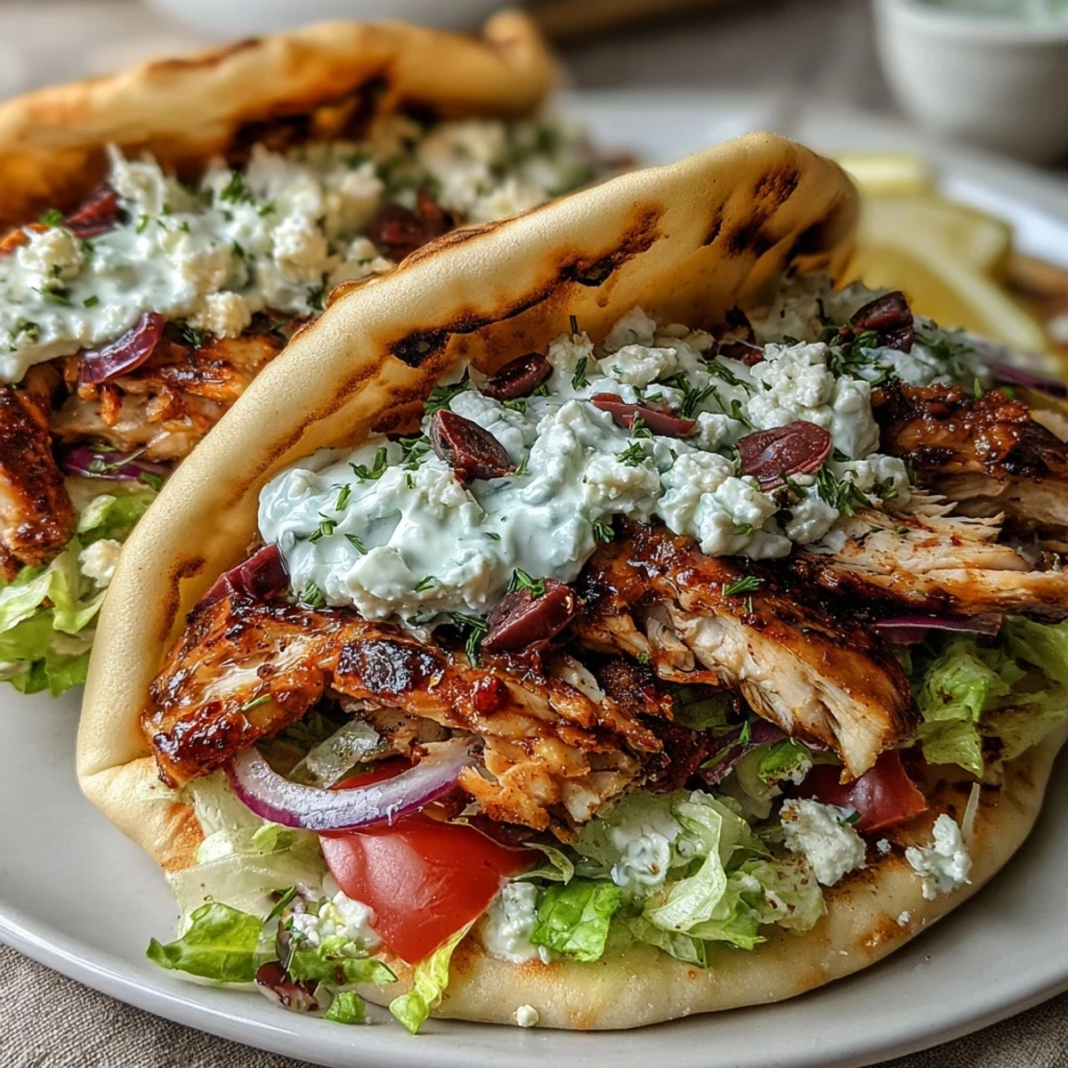 Close-up of Mediterranean Chicken Gyros with Creamy Feta Tzatziki featuring charred marinated chicken, fresh lettuce, diced tomatoes, and Kalamata olives on warm pita bread.