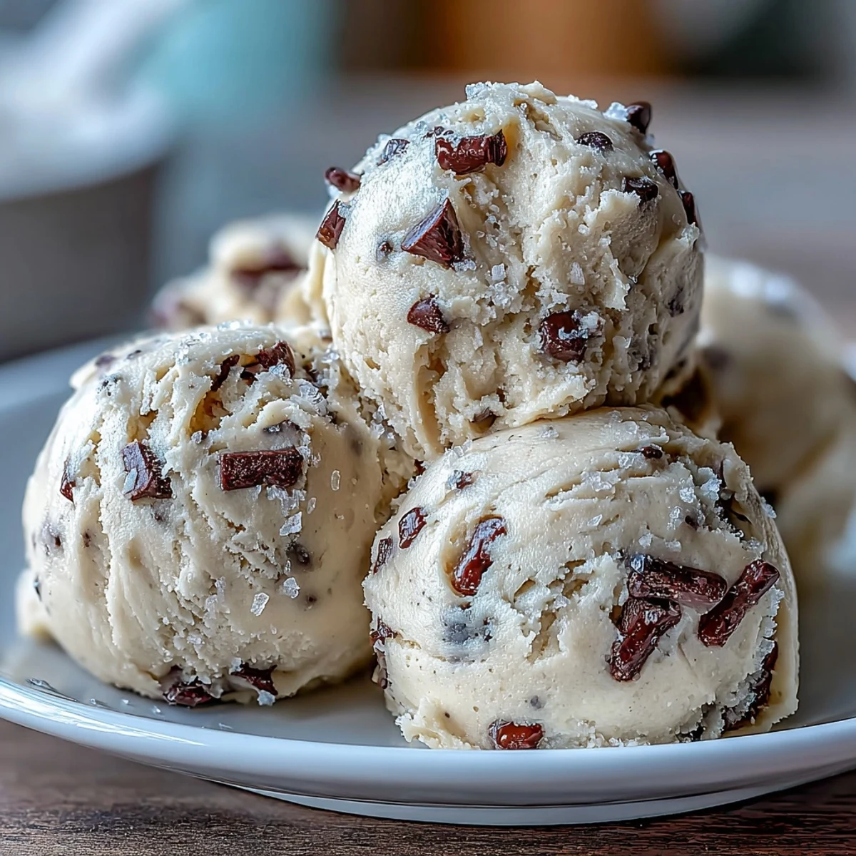Creamy Greek Yogurt Cookie Dough with mini chocolate chips, scooped into chilled bites ready to enjoy.
