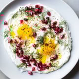 Enjoy a close-up of delicious Çılbır, creamy eggs and yogurt, with bright red pomegranate.