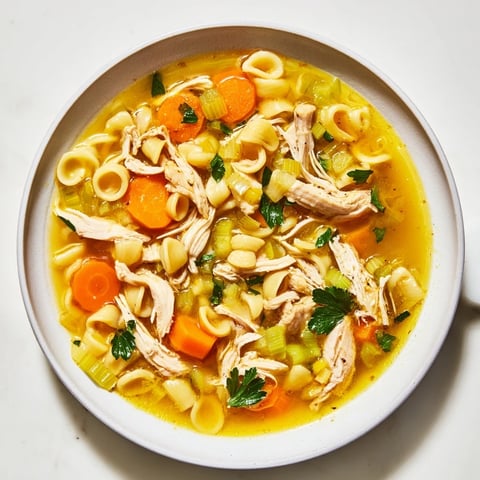 Steaming bowl of Chicken and Ditalini Soup, filled with tender chicken and bright vegetables.