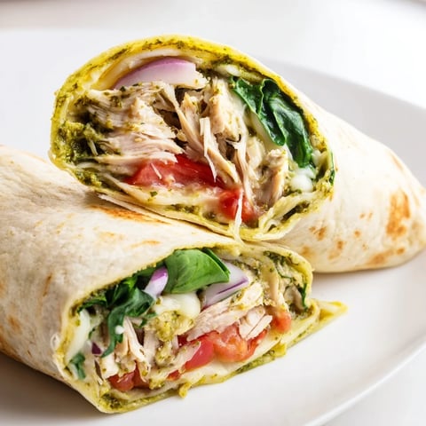 Pesto chicken wrap, filled with vibrant veggies and melted mozzarella, is ready to eat.