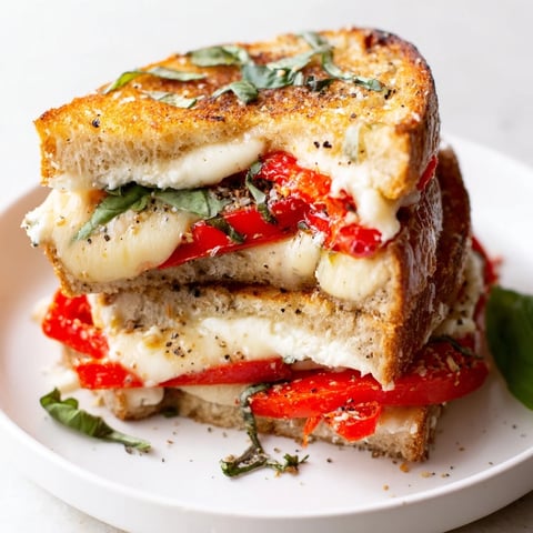 Roasted red pepper grilled cheese, golden and crispy, oozing melted cheese, a comforting sandwich delight.