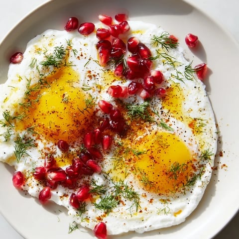 Steaming Çılbır with sumac butter: a Turkish breakfast of poached eggs and vibrant pomegranate.