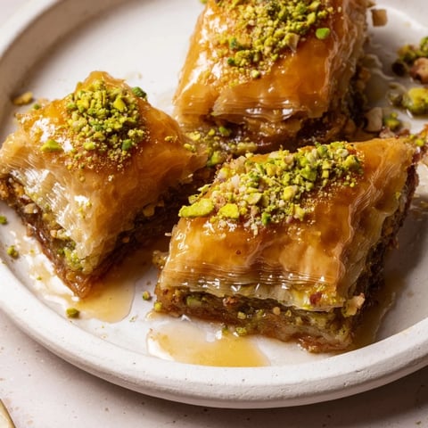 Golden, flaky Turkish Hazelnut & Pistachio Baklava, oozing honey syrup, a perfect dessert.