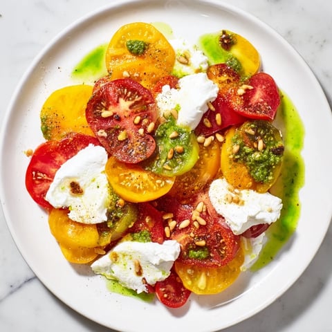 Fresh slices of vibrant heirloom tomatoes topped with creamy burrata and drizzled with homemade basil oil on a wooden board.