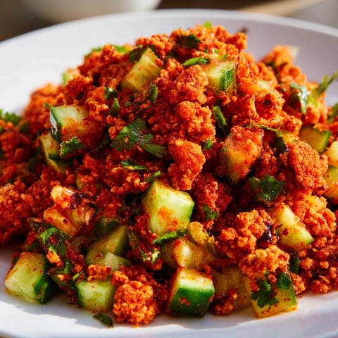 A close-up of Flamin Hot Cheeto Salad with diced cucumbers, cilantro, and a lime-hot sauce dressing.