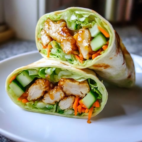 Golden pan-seared honey chili crunch chicken nestled in a warm flour tortilla with crisp lettuce and cucumber.