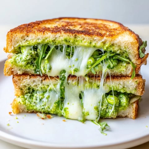 Golden-brown Spring Pea Pesto Grilled Cheese sandwich cut diagonally on a plate, with melted mozzarella oozing between sourdough slices.  