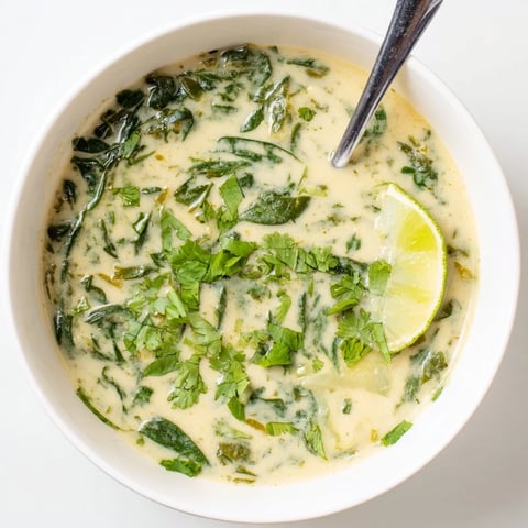 Creamy green Spinach Coriander Lemongrass Soup in a white bowl, garnished with fresh cilantro and a lime wedge.