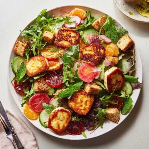 A close-up of golden-fried halloumi cheese and juicy blood orange slices on a bed of mixed greens with crisp sourdough croutons for a vibrant Halloumi Blood Orange Fattoush salad.