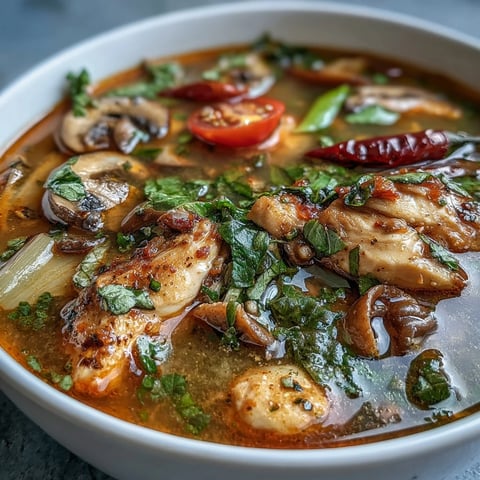 Steaming bowl of Tom Yum Chicken soup garnished with fresh cilantro and lime wedges.