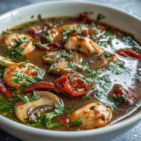 Steaming bowl of Tom Yum Gai, featuring tender chicken and vibrant mushrooms in a rich red broth.