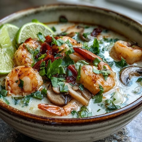 Thai Coconut Shrimp Soup simmering in a pot with coconut milk, red curry paste, and fresh ginger slices.