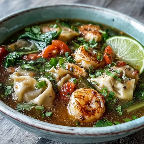 Steaming bowls of Tom Yum Wonton Soup feature plump pork dumplings floating in a spicy, tangy red broth with mushrooms.