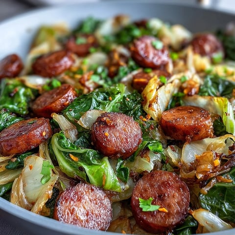Smothered Cabbage With Sausage Skillet featuring browned sausage and tender, caramelized onions in a rustic skillet.