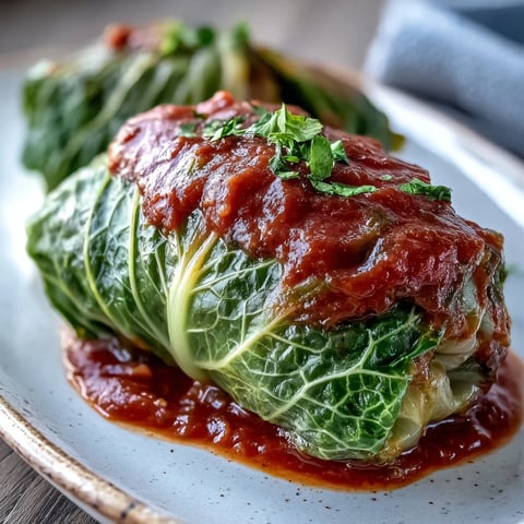Classic baked Cabbage Rolls with tender leaves stuffed with meat and rice, swimming in rich, savory tomato sauce.
