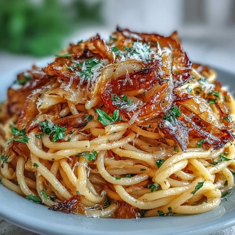 Golden caramelized cabbage and garlic pasta topped with freshly grated Parmesan cheese in a white bowl.
