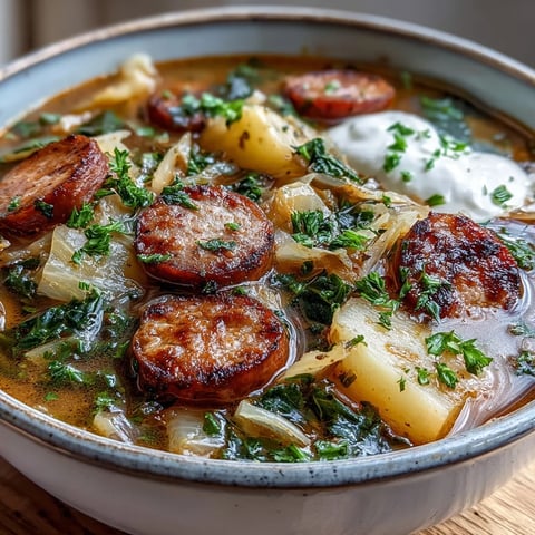 Hearty Sausage, Potato and Cabbage Soup steaming in a rustic bowl, topped with fresh parsley.