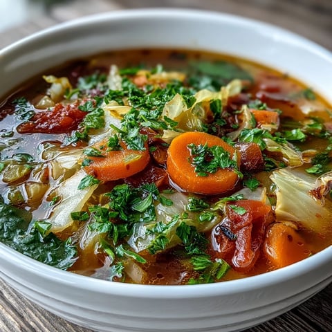 Steaming bowl of Classic Cabbage Soup featuring tender chopped cabbage, carrots, and celery in a rich tomato broth.