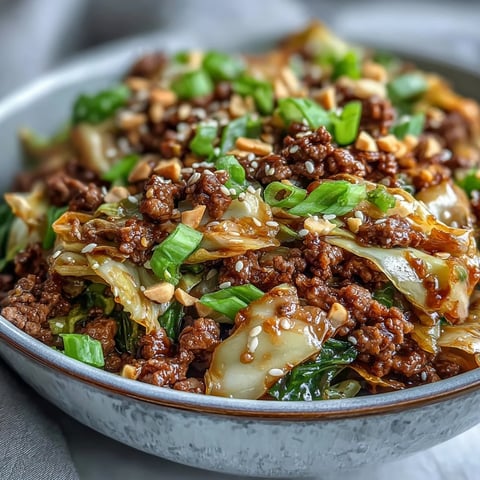 Stir-fried Chinese Ground Beef and Cabbage served hot with steamed cauliflower rice for a low-carb meal.